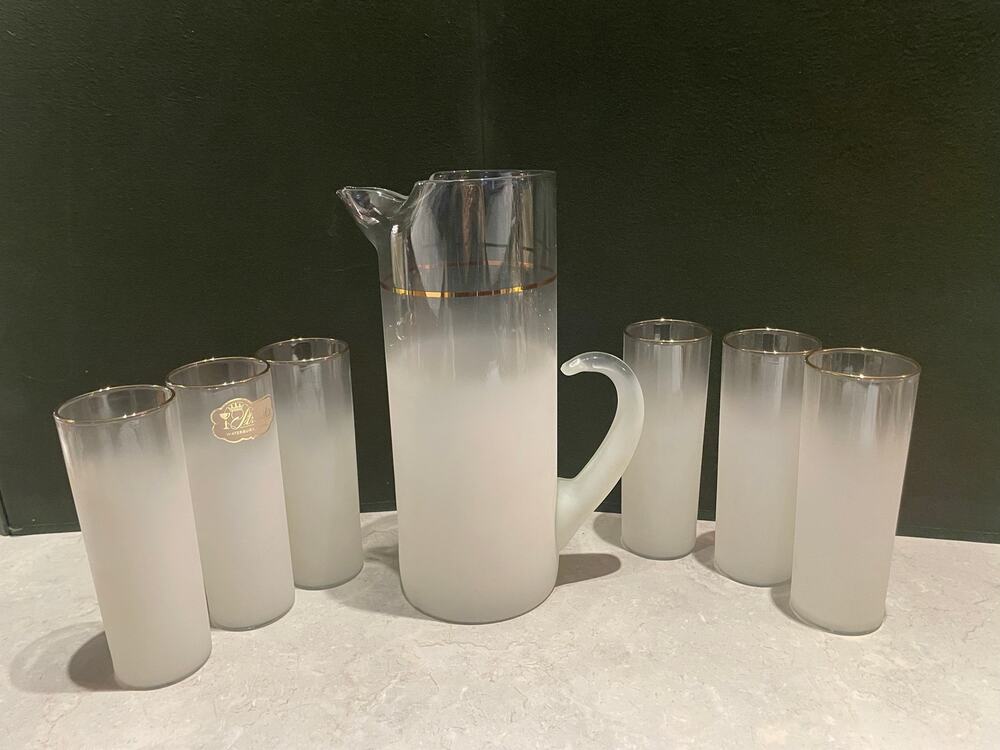 Vintage MCM Blendo Frosted White Pitcher & 6 Tumblers Glasses w Gold Rim New